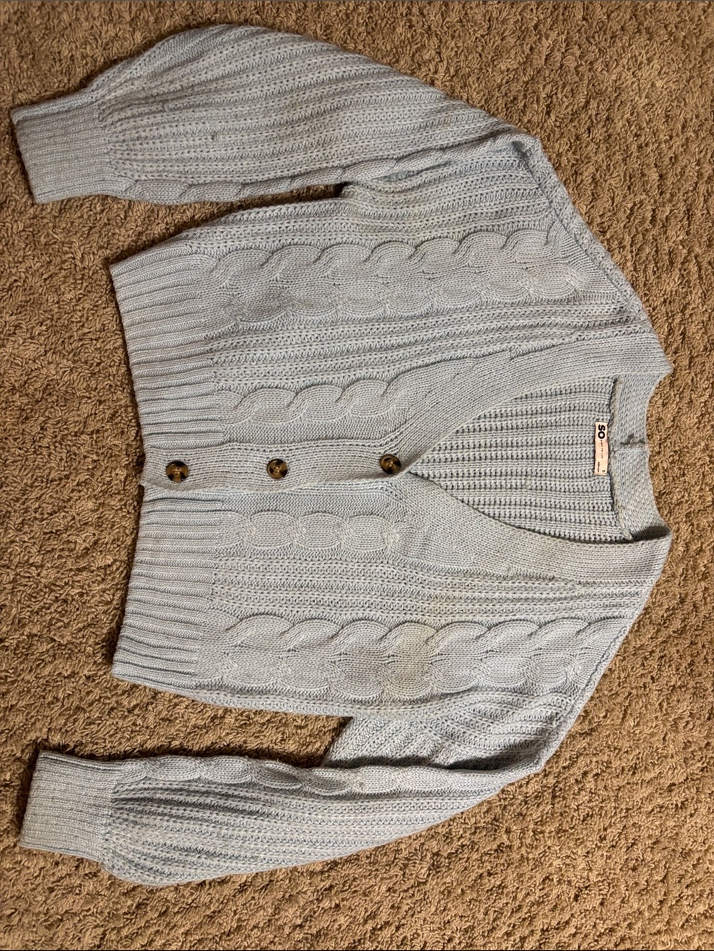 SO Pale Blue Cable-Knit Cropped Cardigan with Button Front